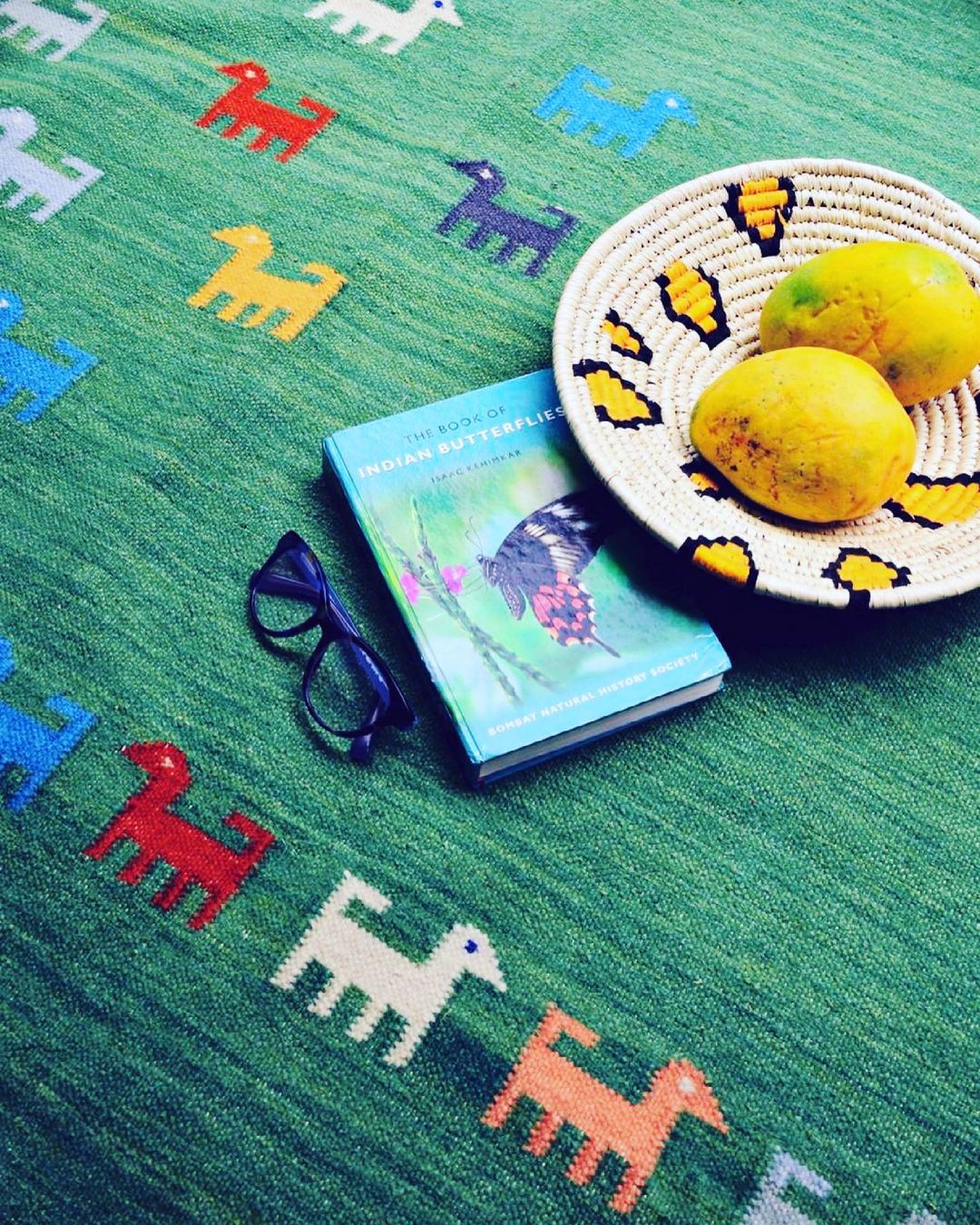 a rug with book and mangoes on it